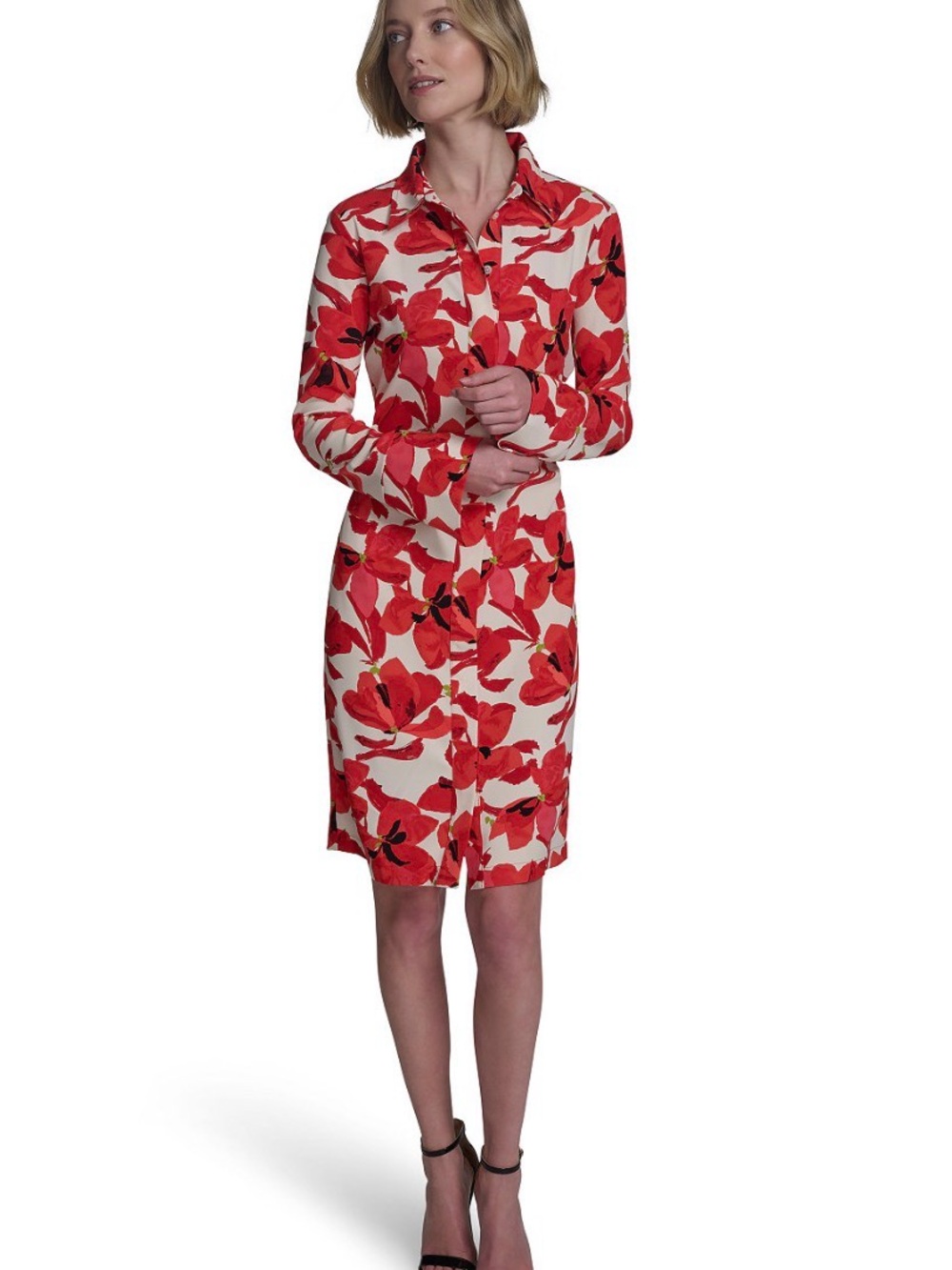 Halston Heritage Red Floral Long-Sleeve Shirt Dress